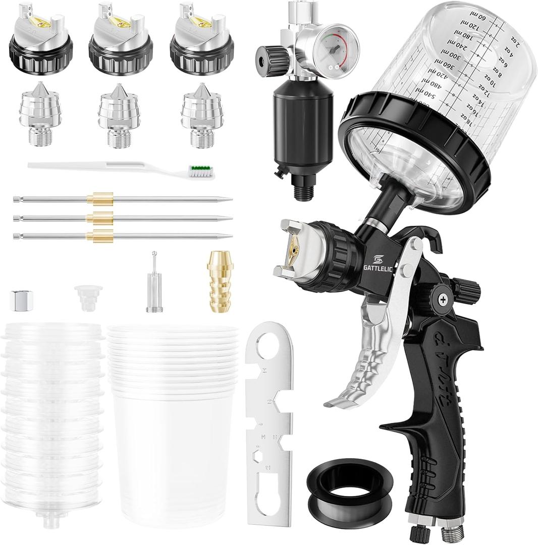 HVLP Air Spray Gun with 1.4/1.7/2mm Nozzles & Air Compressor Regulator, Air Spray Paint Gun w/10pcs 600cc Mixing Cup and Lids, Automotive Paint Sprayer for Car, House Painting, Furniture (Black)