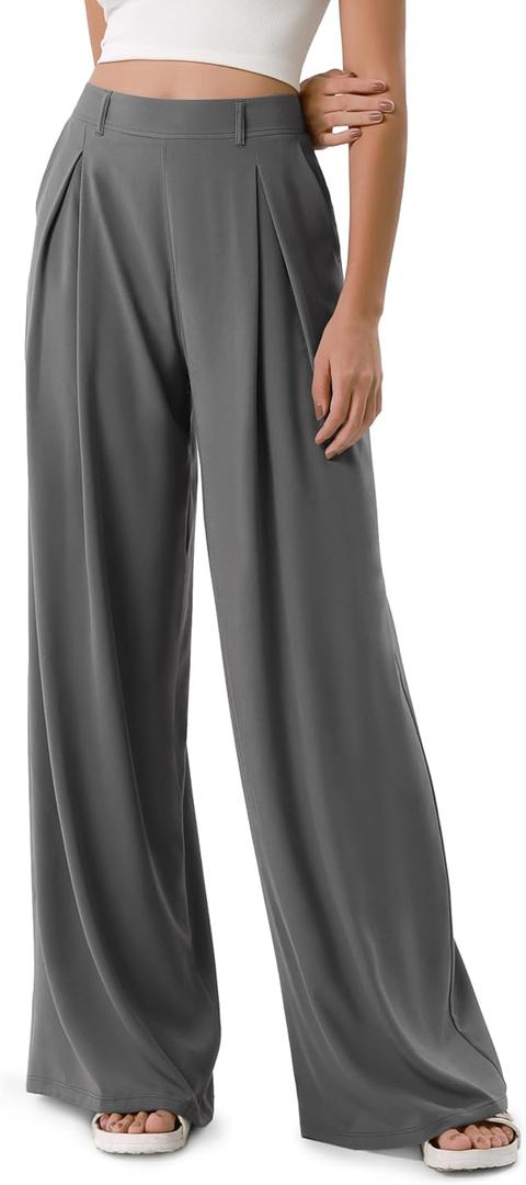 ODODOS Chiffon Flowy Pleated Wide Leg Pants for Women Built-in Shorts Lightweight High Waist Trouser with Pockets-29 Inseam, Charcoal, Small