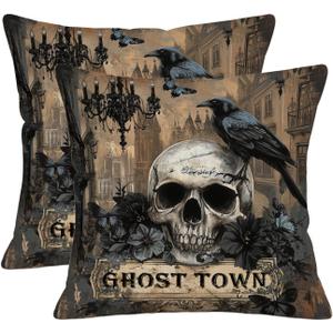 2Pcs,Vintage Halloween Floral Throw Pillow Covers Retro Skull and Crow Ghost Town Gothic Vintage Black Double-Sided Print Cushion Covers for Couch Sofa Haunted House Party Decor Pillowcase (18X18Inch, Wl-dp-vh-crow)