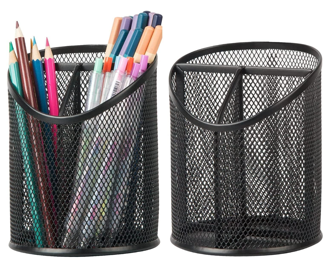 Delifox 2 Pack Pen Holder Mesh Round Pencil Holder Desktop Organizer 3 Compartments, Black