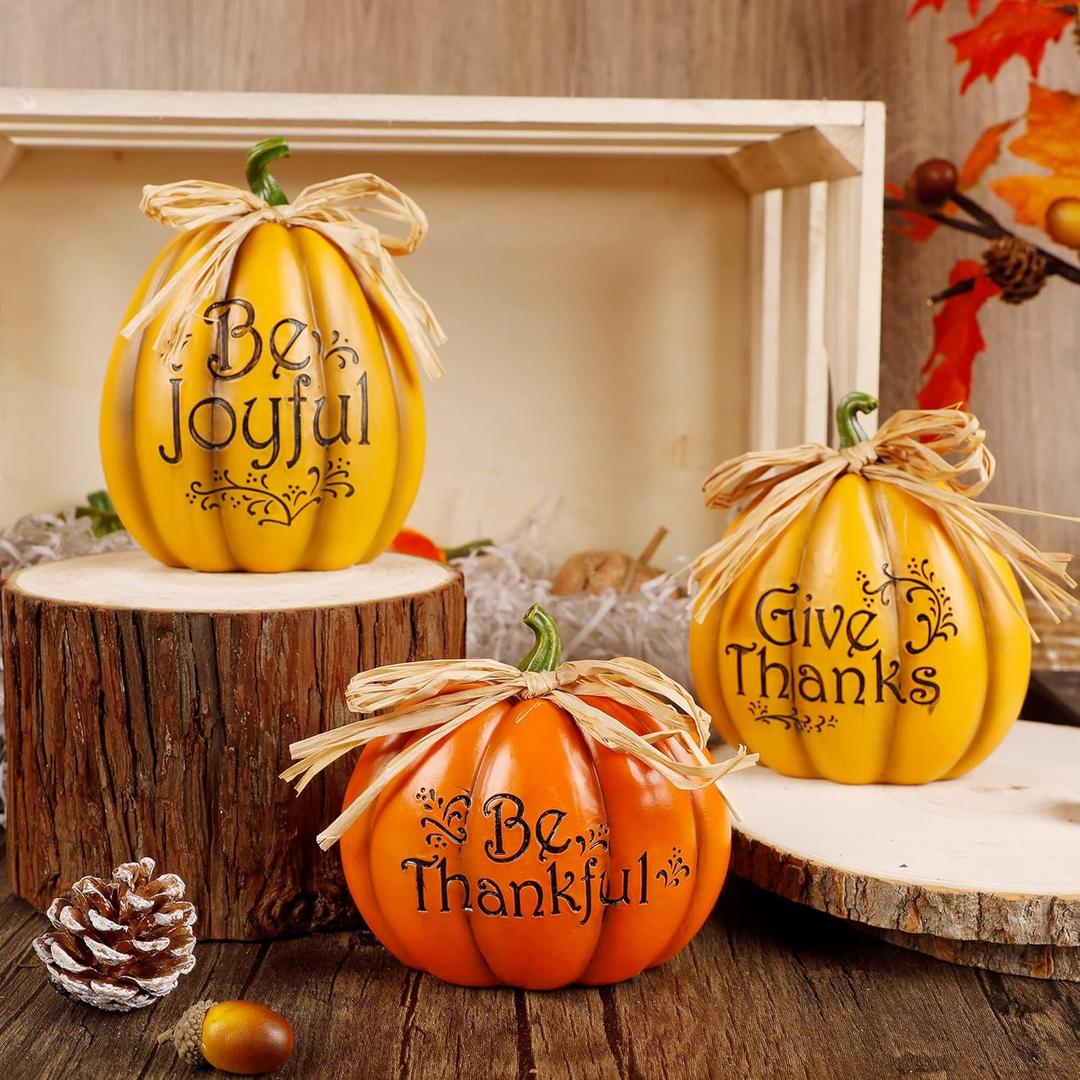 SAND MINE 3 Pcs Resin Thanksgiving Pumpkin Set, Fall Pumpkin Centerpiece for Fall Thanksgiving Harvest Home Decorations