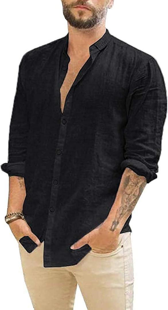Mens Long Sleeve Linen Shirts Casual Button Down Shirt Regular Fit Summer Beach Wedding Shirts (Black, XL)