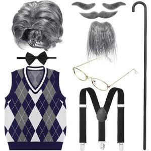 WILLBOND 9 Pcs Old Man Costume for Boys 100th Day of School Kids 1920s Old Person Outfit Halloween Costume Dress Up Small