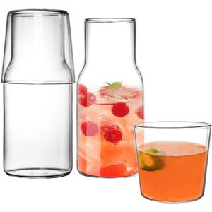 YOUEON 4 Pcs 17 Oz Bedside Water Carafe and Glass Set, Water Carafe with Glass Cup for Nightstand, Glass Mouthwash Bottle, Clear Juice Pitcher, Carafes with Cup for Kitchen, Bedroom or Bathroom