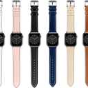 Genuine Leather Bands Compatible with Apple Watch Band Series 10 9 8 7 6 5 4 3 2 1 Ultra SE 49mm 46mm 45mm 41mm 44mm 40mm 42mm 38mm Women Men Top Calfskin for iWatch Wristband Replacement Strap (Black-Black Pin Buckle)