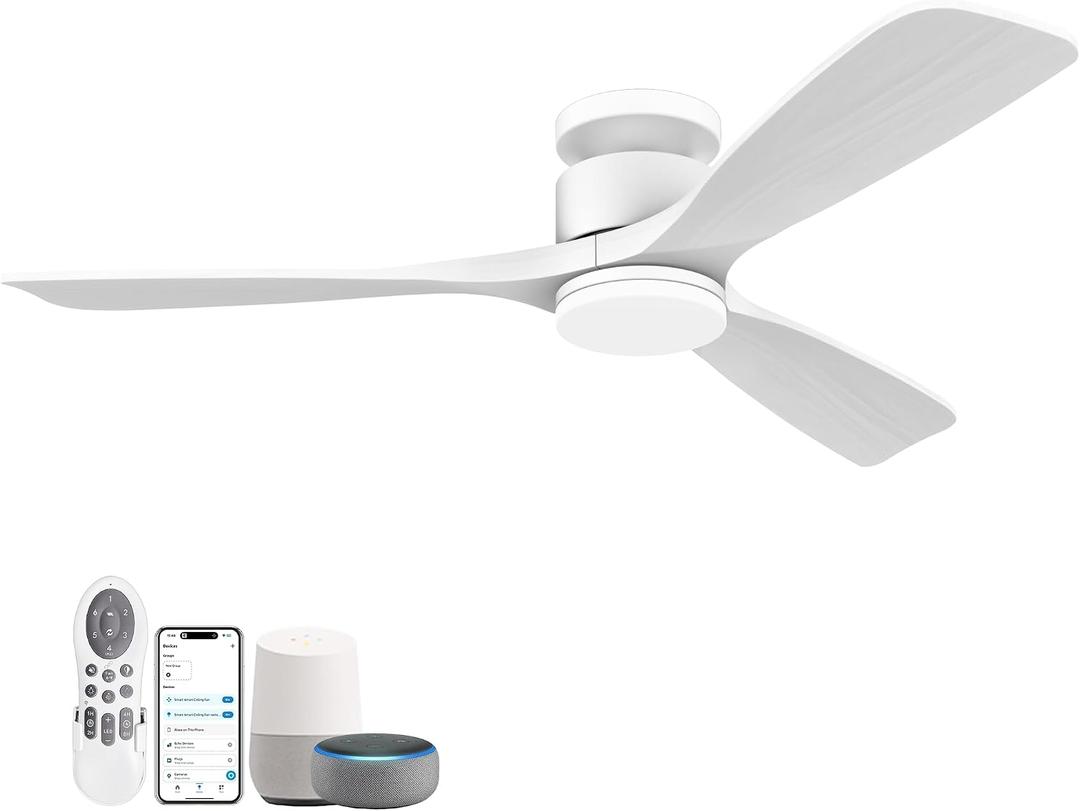 52 Inch Smart Low Profile Ceiling Fans,Solid Wood Outdoor Indoor Ceiling Fan with Lights Remote,WIFI Alexa App Control,Quiet DC Motor,Dimmable LED,Modern Flush Mount Fan for Bedroom Patio,White