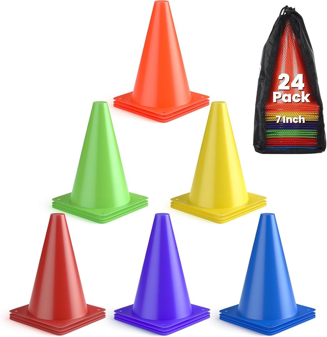GHB Soccer Cones 7" 9" of 12 24 Pack Disc Soccer Sport Cones Training Field Marker Agility Cones for Basketball, Coaching, Practice Equipment Includes Drills Guide