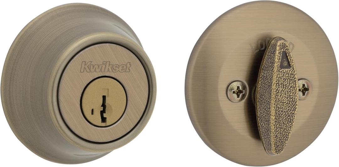 Kwikset 660 Deadbolt Lock, Antique Brass Round Exterior Keyed Front Entry Door, Pick Resistant SmartKey Rekey Security, Single Cylinder Dead Bolt