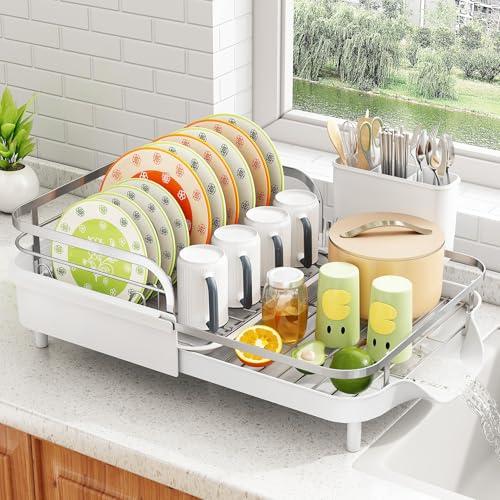 SAYZH Dish Drying Rack - Expandable Dish Rack for Kitchen Counter, Rust-Resistant Dish Drainer with Utensil Holder and Raised Guardrail, Kitchen Organizer for Cup and Bottle (White)