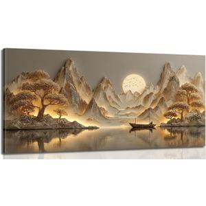 3D Texture Large Landscape Sunrises Sunset Canvas Wall Art Abstract Mountains Lake Tree Painting Picture Wall Decor Modern Nature Scenery Poster Print Artwork for Living Room Office Home Decoration, 48"L x 24"W