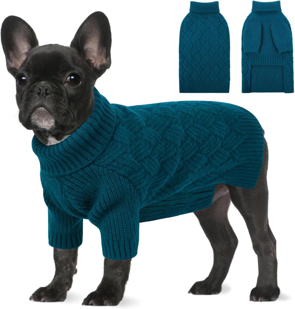 SUNFURA XS Dog Sweater, Small Dog Sweater Doggie Knitted Knitwear for Winter, Cat Pullover Christmas Sweatshirt for Yorkie Chihuahua, Warm Thick Turtleneck Clothes for Puppy, Blue, X-Small