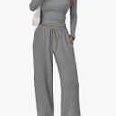 Trendy Queen Women's 2 Piece Matching Lounge Set Long Sleeve Side Ruching Top Wide Leg Drawstring Pants Set with Pockets, Large