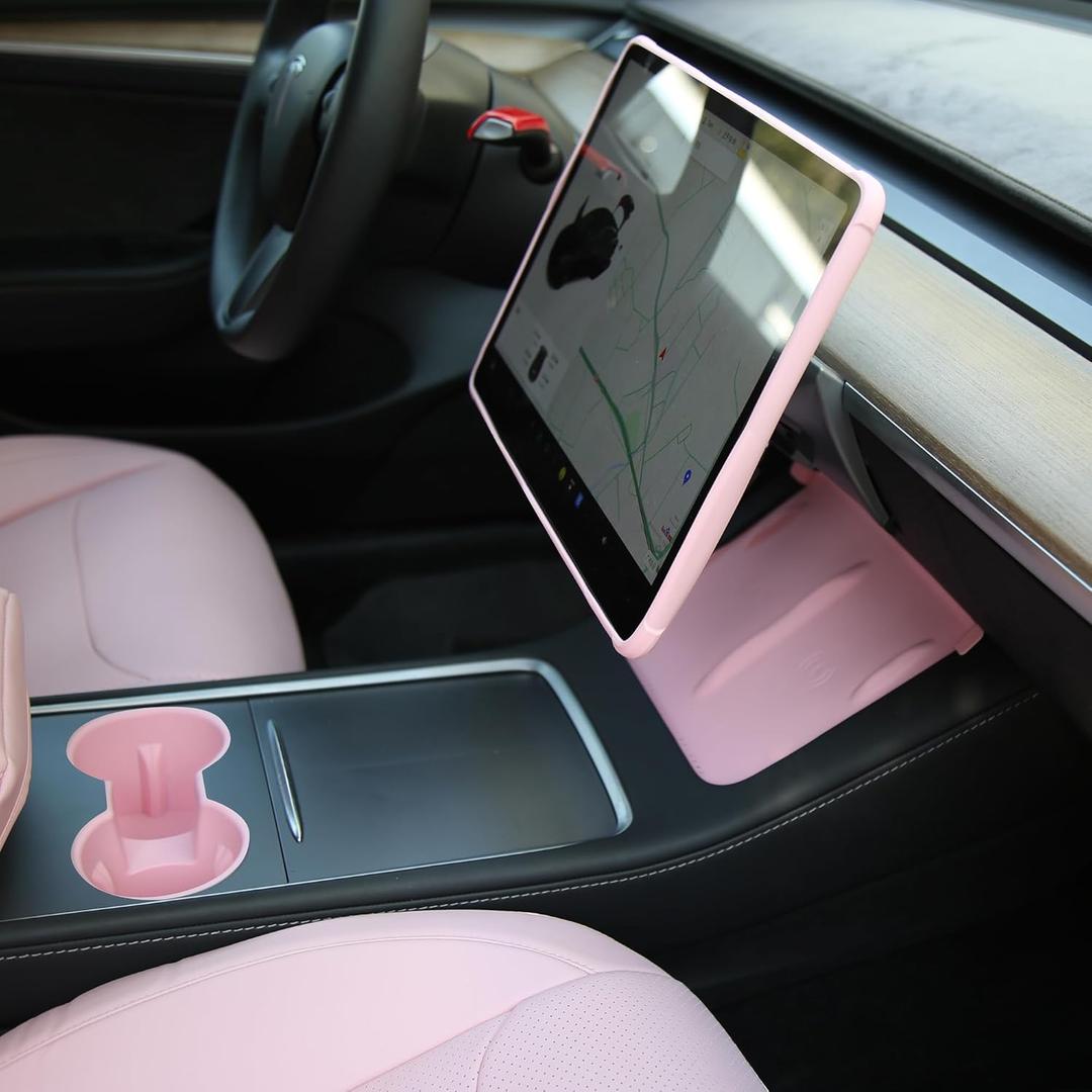 3PCS Center Console Accessories for Tesla Model Y 2021-2024 and Model 3 2021-2023 Cup Holder Insert, Screen Edge Protector Frame, Silicone Wireless Charger Mat, Pink