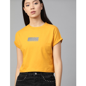 Women Mustard Yellow Solid Round Neck Boxy Cropped T-shirt Roadster (Yellow, Large)