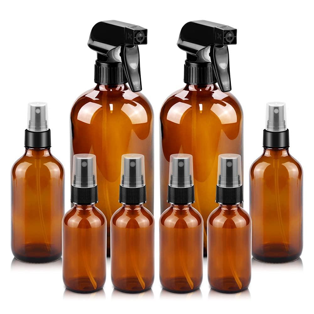 Glass Spray Bottles, 16oz*2+4oz*2+2oz*4 Refillable Containers, Empty Boston Round Bottles with Adjustable Nozzle for Cleaning, Gardening, Aromatherapy, Pets, Plant, Hair -Amber