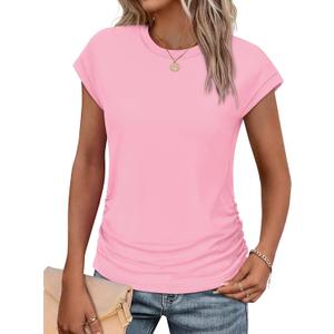 SAMPEEL Womens Summer Tops Trendy 2025 Ruched Cap Short Sleeve Tshirts Shirts Crew Neck T Shirts Fashion (XX-Large, Pink)