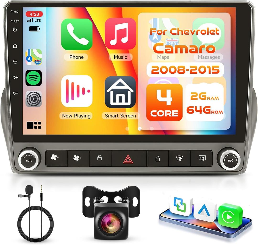 2G 64G Android Car Stereo for Chevrolet Camaro 2008-2015 with Wireless Carplay Android Auto, 9" Touch Screen Car Radio with GPS Navigation Mirror Link Bluetooth WiFi FM/RDS EQ AHD Backup Camera SWC