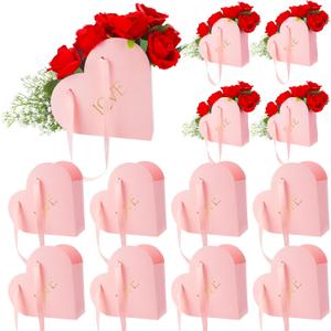 Kolldenn 12 Pcs Heart Shaped Flowers Boxes Valentine Bouquet Storage Bucket Valentine's Day Floral Boxes for Arrangements Paper Floral Bag with Handle Basket Handbag for Florist Bridal Shower(Pink)