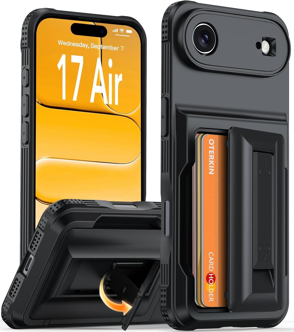 Oterkin for iPhone Air Wallet Case [4-5 Card Holder] [RFID Blocking] [Full Camera Protection] [Kickstand] [Military Grade Protection] Shockproof Rugged Phone Case for iPhone 17 Air 6.5 Inch, Black