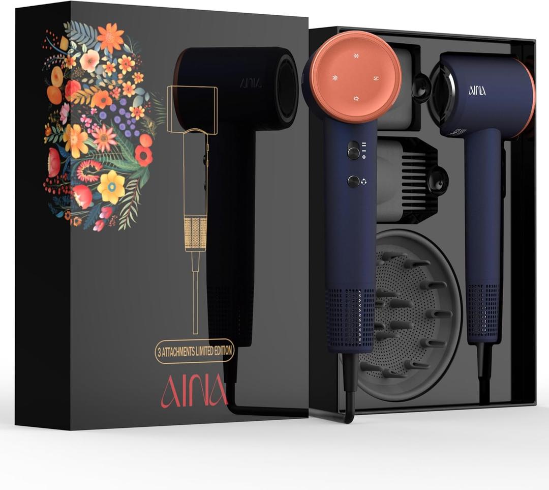 AINA Hair Dryer,Blow Dryer with Diffuser Brush Comb for Women - BLDC Hair Dryer - Brushless Motor, 110,000 RPM Lightweight,Ionic Travel, 3 Magnetic Attachments 110V/ALCI(Blue Golden)
