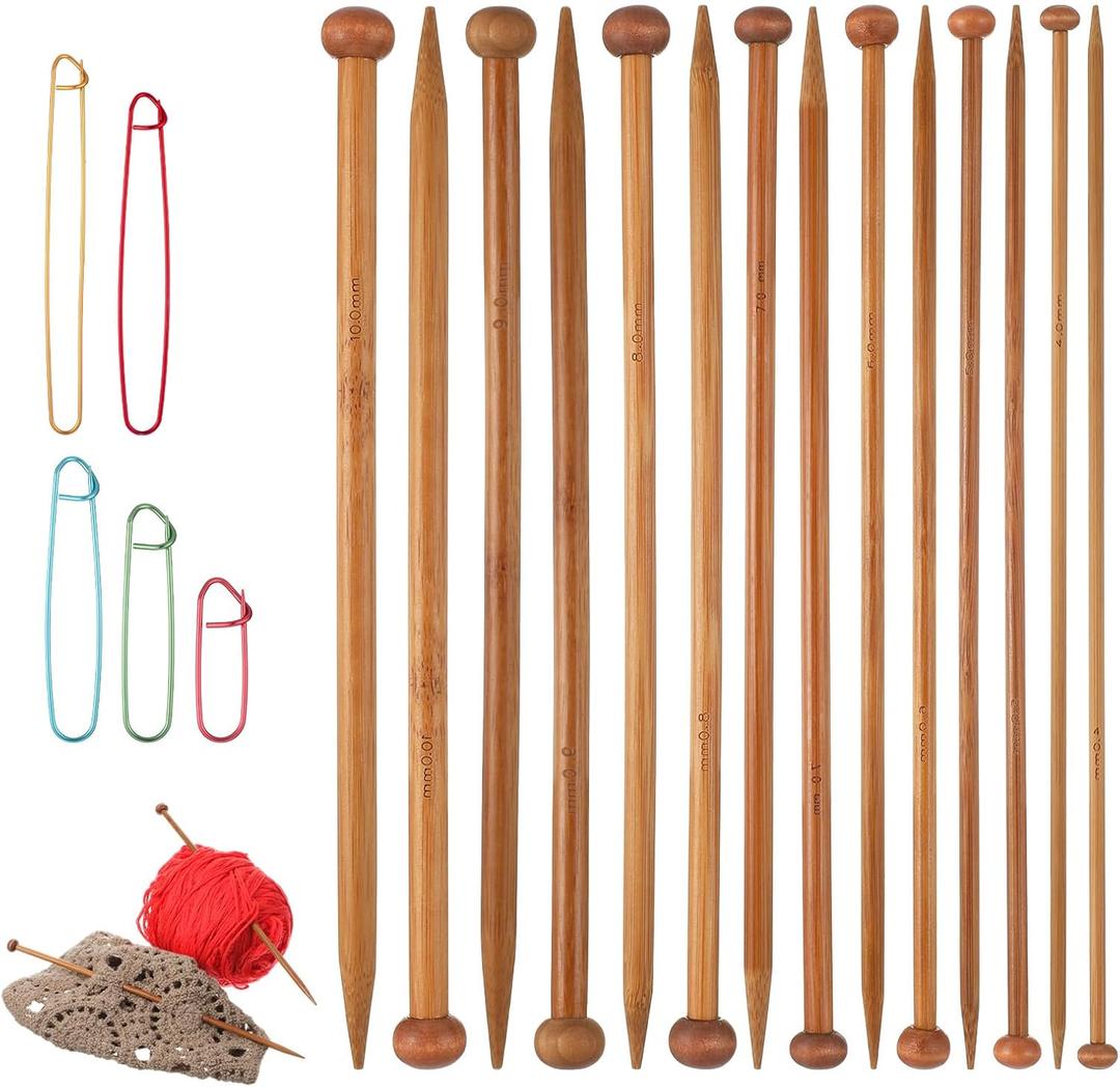 7Pairs Bamboo Knitting Needles Set with 5 Pins, Single Pointed Wooden Knitting Needles 10-Inch Long Wood Straight Knittings Needle for Beginners Sweater Shawl Scarf(7 Sizes)
