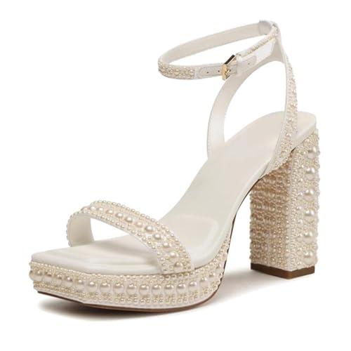Goolita Womens Open Toe Pearl Platform Heels For Women Chunky Buckle Ankle Strap Wedding Heeled Sandals Dress Evening Bride Bridal Shoes 41
