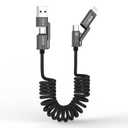 AGVEE 5ft 4-in-1 Coiled Multi USB C Charging Cable, Secure-Slide No-Loss Adapters, Slim Tips Fit Thick Cases, Lightning End Reinforced, PD 60W for iPhone Carplay, Samsung, iPad, Black