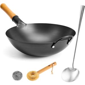 WANGYUANJI 13.4" Round-Bottom Iron Wok, Deep Chinese Stir-Fry Pan (Seasoning Required), Wok Ring Required, Not Flat-Top/Induction  No Lid, No Ring,Wooden Handle, Coating-Free