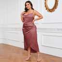 Women's Plus Size Satin Spaghetti Strap Cowl Neck Wrap Party Cami Dress Brown XL (XL)