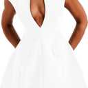LuFeng Women's Summer Sexy Cap Sleeve Deep V Neck Zipper A-line Mini Dress Hollow Bodycon Night Out Party Dress, Large