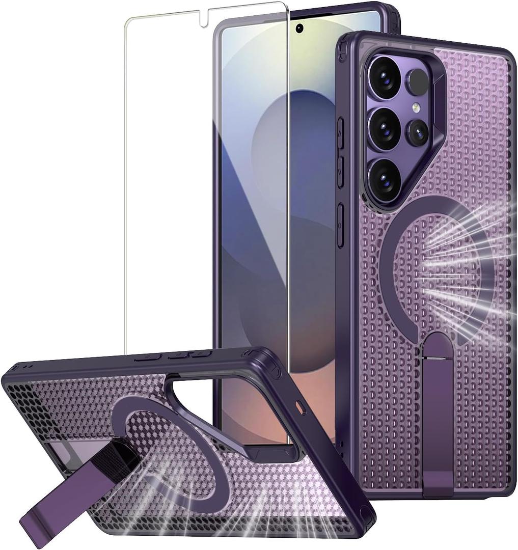 for Samsung Galaxy S25 Ultra Case with a Tempered Screen,[Compatible with Magsafe],[Heat Dissipation],[Magnetic Support],[Invisible Built in Stand & Ring Holder],Anti-Scratch Slim Case-Purple