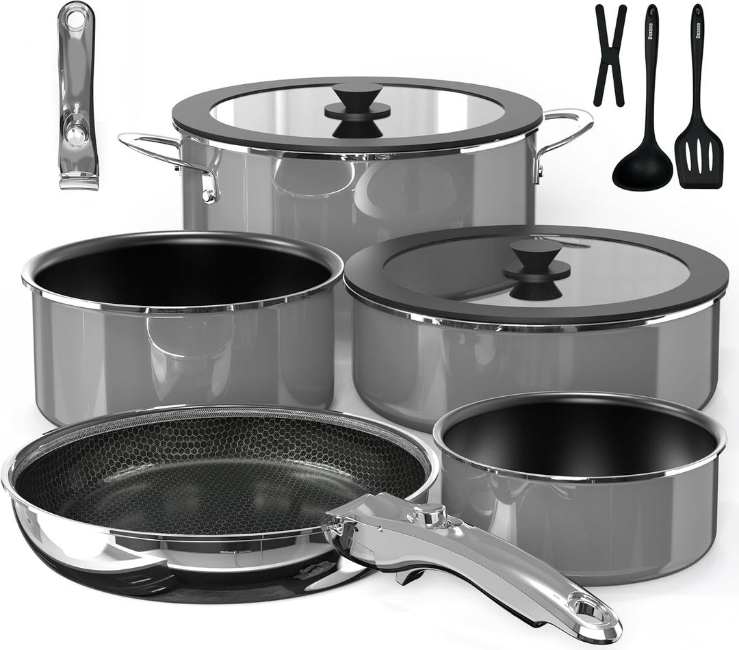 Pro DUXANO 12PC Nonstick Pots and Pans Set&Hybrid 3-Ply Stainless Steel Skillet, High Heat Sear&Fry, 2-Layer Ceramic Induction Cookware, 9H Scratch-Resistant&Anti-Warp,PFAS Free,All Cooktop/Dishwasher (Charcoal Gray)