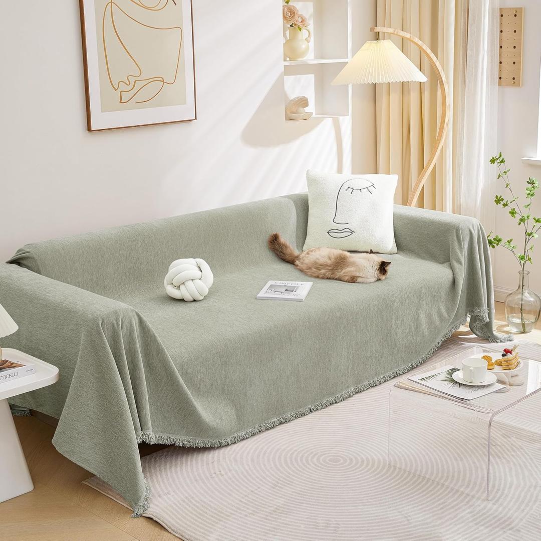 MEETSKY Sectional Couch Covers for Dog Chenille Sofa Cover, Washable Couch Cover for 3 Cushion Couch Sofa Pet Couch Furniture Protector, Sage Green Sofa Slipcover with Tassel