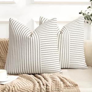 Farmhouse Pillow Covers 24x24, Modern Accent Square Throw Pillow Covers Set of 2, Black and Beige Striped Patchwork Linen Decorative Pillows Cushion Covers for Couch Chair Bedroom Fall Decorations 