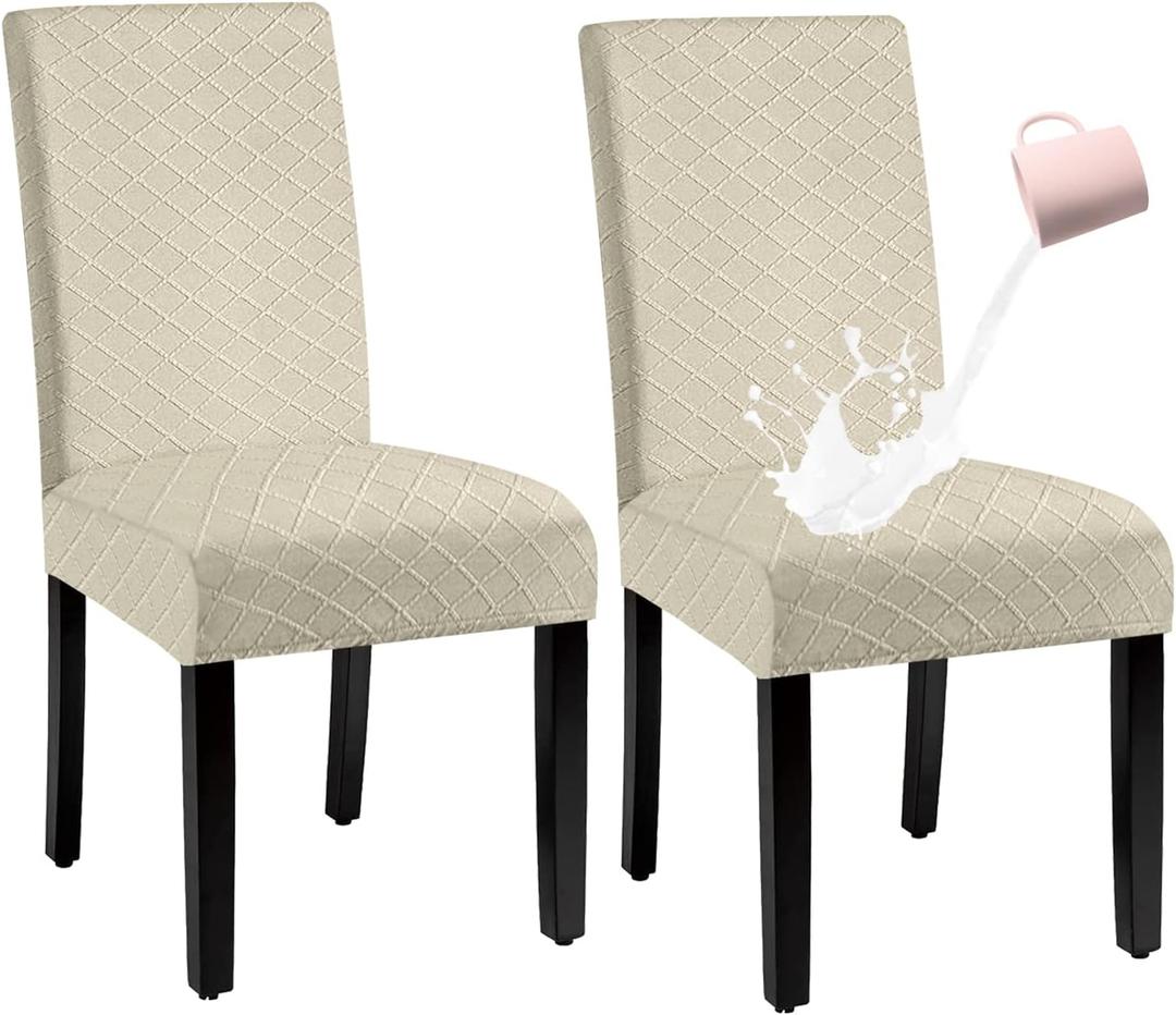 Waterproof Dining Chair Cover,Spandex Fabric Fit Stretch Chair Slipcover,Removable Washable Jacquard Parsons Chair Covers (Beige,Set of 2)