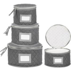 Fine China Storage - Set of 4 Quilted Cases for Dinnerware Storage. Sizes: 12" - 10" - 8" and 7" Wide - Gray - 48 Felt Plate Separators Included