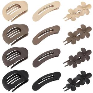 12 Pack Flat Hair Clips for Women-3 Styles Matte Neutral Flat Claw Clips, Black, Blonde,Light Brown & Dark Brown, French Duckbill Styling Accessories (Matte Neutral-5)