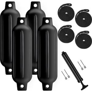Boat Fenders 4 Pack, Ribbed Twin Eyes Boat Fenders Bumpers for Docking, Inflatable Marine Boat Bumper with 4 Ropes, 4 Needles and 1 Pump, 8.5"