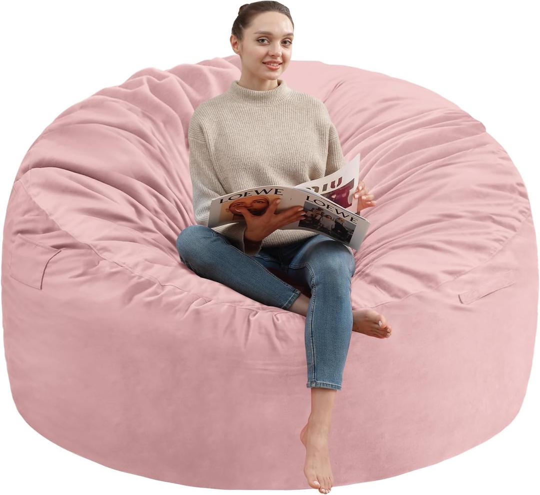 5FT Bean Bag Chair, Large Bean Bag Chairs with Memory Foam Filled, Fluffy Beanbag Sofa with Dutch Velvet Cover, Round BeanBag Chairs for Living Room, Playroom - Light Pink (5FT- 50"x50"x24")