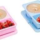 Stuuikf 2-Pack Silicone Snack Containers with Cutlery Strap & Double Compartment, Collapsible Box with Secure-Snap Lids for Travel, Office, Picnic (Blue & Pink)