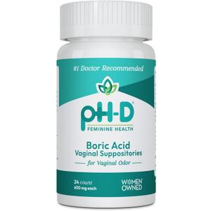 pH-D Feminine Health - 600 mg Boric Acid Suppositories - Woman Owned - for Vaginal Odor Use - 24 Count, Best Before: 12/2028