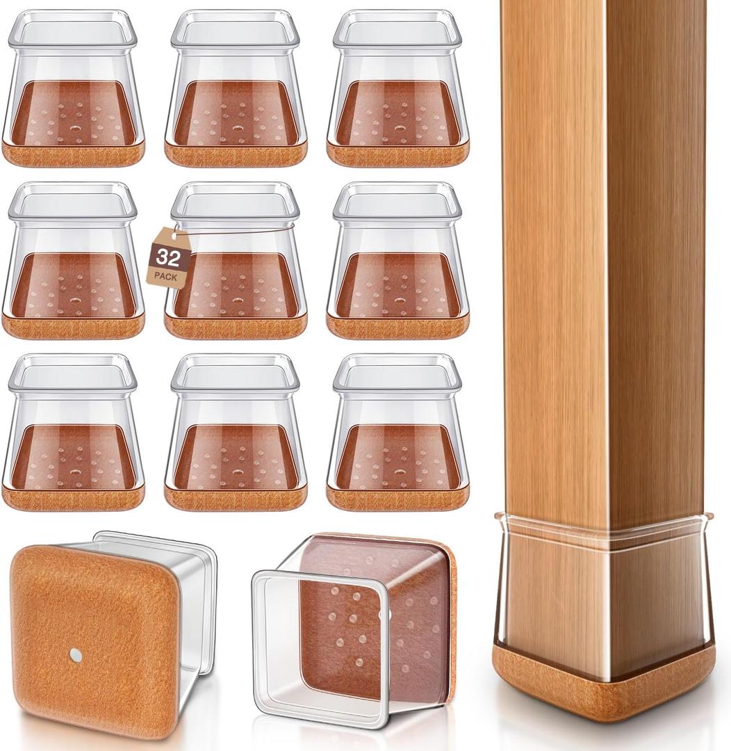 Chair Leg Floor Protectors Square Chair Leg Protectors for Hardwood Floors Silicone Caps Felt Strengthen Bottom Protection Non Slip Reduce Noise 32 Pack Clear Square M Fit:13/16" ~ 1" (20~26mm)