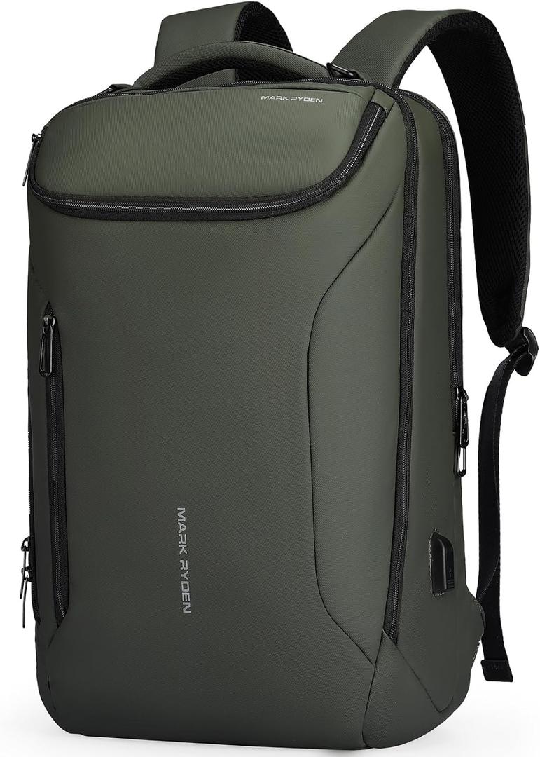 MARK RYDEN Business Backpack for Men, Waterproof High Tech Backpack with Sport Car Shape Design and USB Charging Port, Travel Laptop Backpack Fits 17.3 Inch Notebook (YKK-3 Pockets, Green)