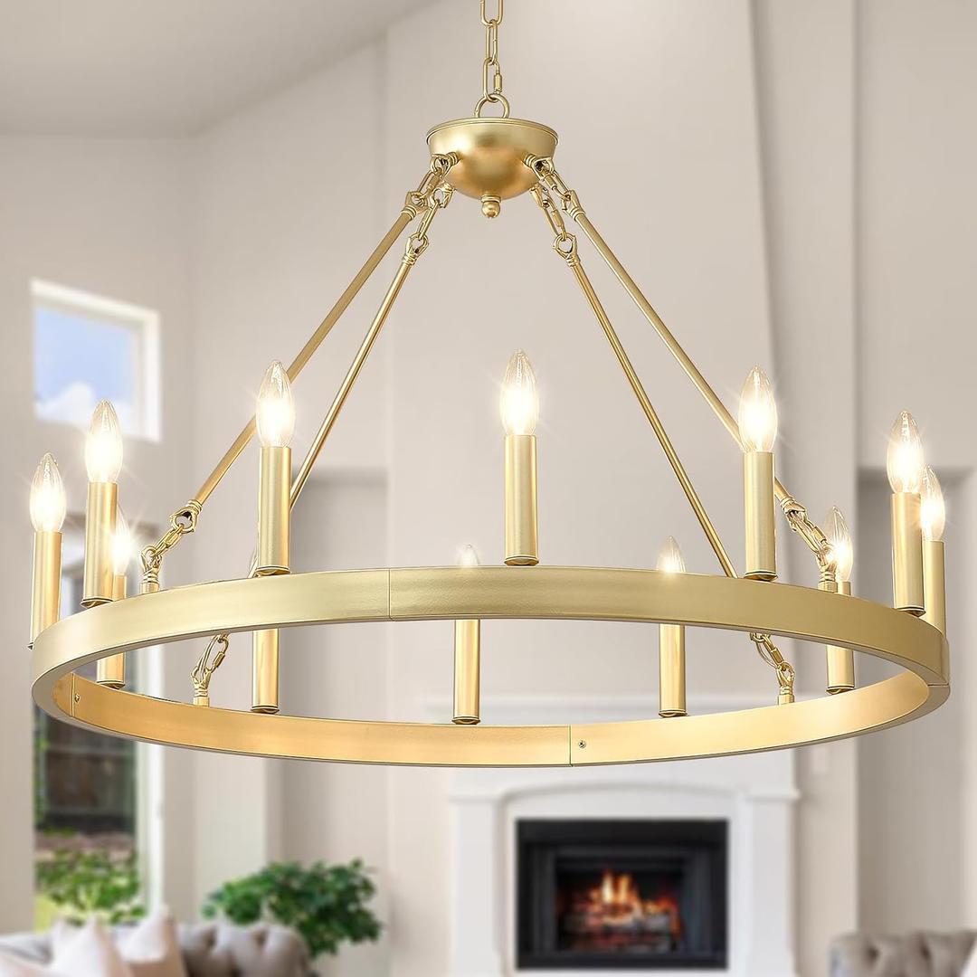 Gold Wagon Wheel Chandelier Farmhouse 32-Inch, 12-Light Modern Gold Chandelier for Dining Room, Round Iron Industrial Chandeliers Light Fixture for Living Room, Foyer, Entryway, E12