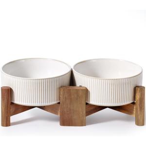 Getstar Ceramic Dog Bowls Set with Acacia Wood Stand, 3.5 Cups Pet Bowls Set of 2 for Medium Dogs, Cute Dog Food Bowl, Cat Bowls (Vintage White)