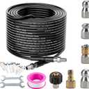 Sewer Jetter Kit for Pressure Washer 50FTDrain Cleaner Hose 1/4 Inch NPT Corner, Rotating and Button Nose Sewer Jetting Nozzle Kit Waterproof Tape Pearl Corsage Pin and Spanners 5800PSI