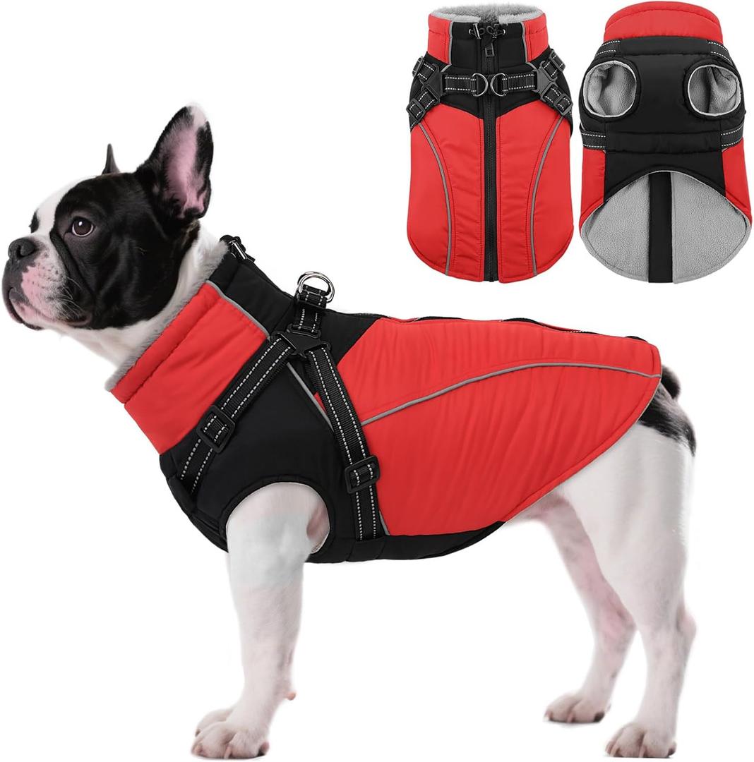 ASENKU Reflective Dog Coat with Built-in Harness, Windproof Fleece-Lined Dog Jacket for Small, Medium, Large Dogs, Warm Winter Vest with Turtleneck & Zipper (Red S)