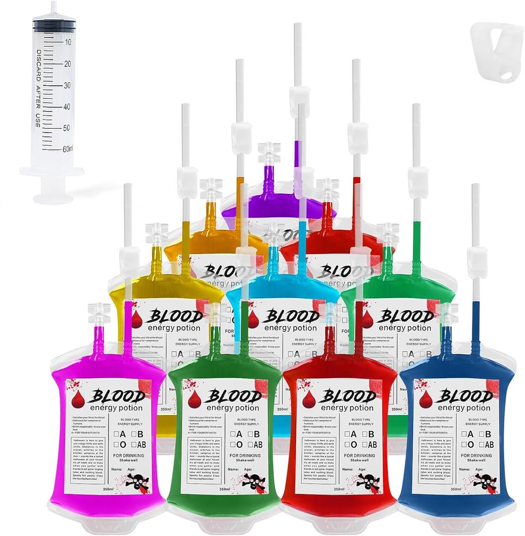 Halloween Blood Bags: 10pcs Blood Bags for Drinks, IV Bags for Halloween Party decorations, Blood Bags for Halloween, Vampire Themed Parties and Masquerade, Nurse Graduation Party Props