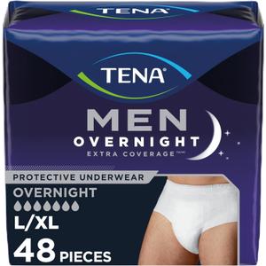 TENA Men Overnight Extra Coverage Underwear for bladder control, Masculine, Discreet, L/XL, 48 Count (Waist size 44in-64in)