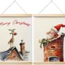 LZYRF Funny Adorable Santa Claus Reindeer Wall Art Poster Framed, Funny Christmas Decor, Cute Christmas Winter Holiday Canvas Prints Wall Decor for Home Bedroom Living Room, 12x16 Inch Set of 2